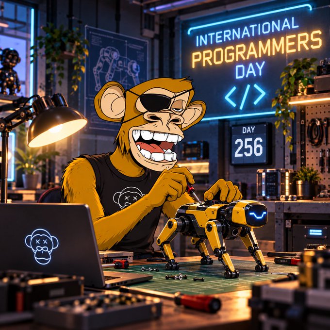 An illustration of an anthropomorphic monkey wearing an eyepatch working on a robotic quadruped in a tech workshop, with a neon sign reading 'INTERNATIONAL PROGRAMMERS DAY' and 'DAY 256' in the background.