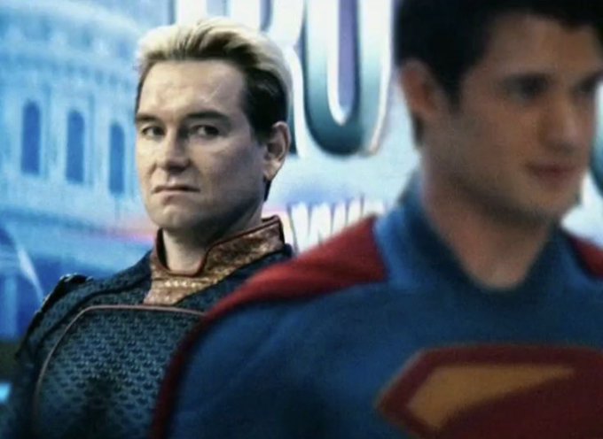A digitally edited image showing the character Homelander (from The Boys) in the background looking toward Superman in the foreground.