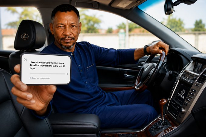 A man sits in a Lexus vehicle holding up a card reading "Have at least 500K Verified Home Timeline impressions in the last 90 days," with a disclaimer "Does not include replies." The image visually represents the determination and goal-achieving theme of the post, showing the requirements or milestones one must meet to succeed.