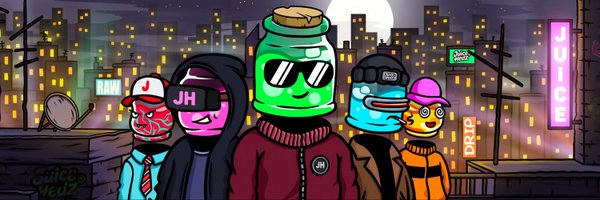 A colorful digital illustration of a cartoon group wearing sunglasses and masks standing in front of a cityscape at night with neon signs reading "KOKO" and "DRIP".