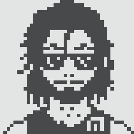 A minimalist pixel art portrait shows a person with short hair and glasses rendered in dark gray on a light gray background.