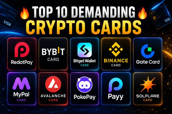 The image features a poster with various logos for different cryptocurrency cards, including Bitcoin, Bybit, Bitget, Binance Card, and Gate Card. The poster also includes text that reads "Top 10 Demanding Crypto Cards" and "Most Demanding Top 10 Cryptocurrency Cards".