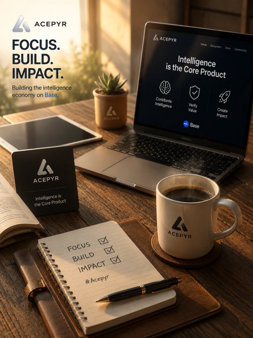 A promotional desk scene for ACEPYR featuring the slogan 'FOCUS. BUILD. IMPACT.' with a notebook checklist, branded coffee mug, laptop displaying 'Intelligence is the Core Product,' and the tagline 'Building the intelligence economy on Base.'