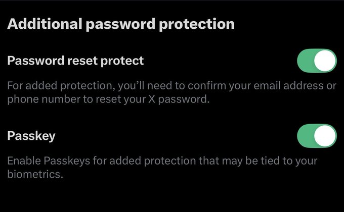 X (Twitter) security settings page showing 'Additional password protection' with toggles enabled for 'Password reset protect' and 'Passkey' biometric authentication.