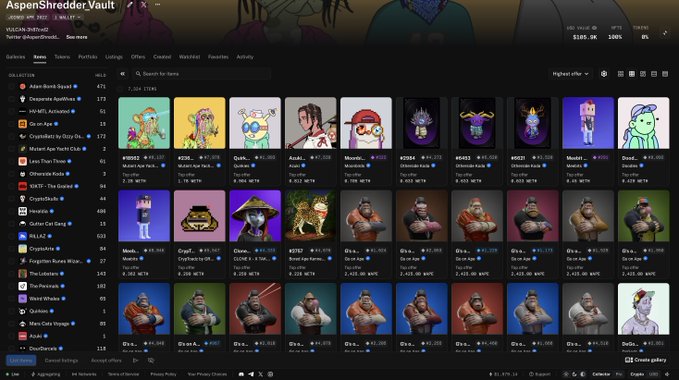 The image shows an NFT portfolio dashboard for "AspenShredder.Vault," displaying a collection of 7,324 NFTs valued at $185.9K across various collections including AlienBoob.Squad, Desparate Apes, Moonbirds, and others, with a goal of reaching 8,000 NFTs by 2027.