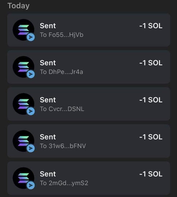 The image shows a cryptocurrency transaction history displaying five "Sent" transactions of "-1 SOL" each to various abbreviated wallet addresses (Fo55...HjVb, DhPe...Jr4a, Cvcr...DSNL, 31w6...bFNV, and 2mGd...ymS2). This appears to document proof of a giveaway where the sender is distributing 1 SOL to multiple recipients, supporting the post's claim of sending SOL to participants who drop their wallet addresses.