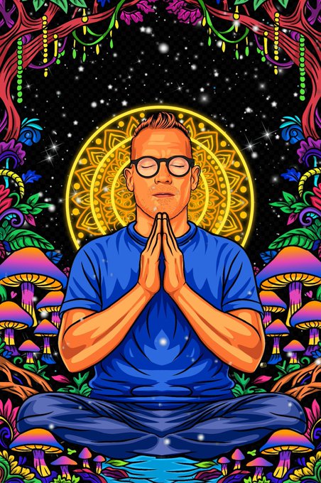 The image features an illustration of a man sitting cross-legged with his hands clasped together, surrounded by mushrooms and other plants. The background is dark and filled with stars, creating a sense of mystery and wonder. The caption reads "It may surprise you to find out that Ruby and @livingarts_eth share the same birthday! Well not me...my soul tribe is a deep energetic web that people fall deeply into in the strangest (and most amazing) ways."