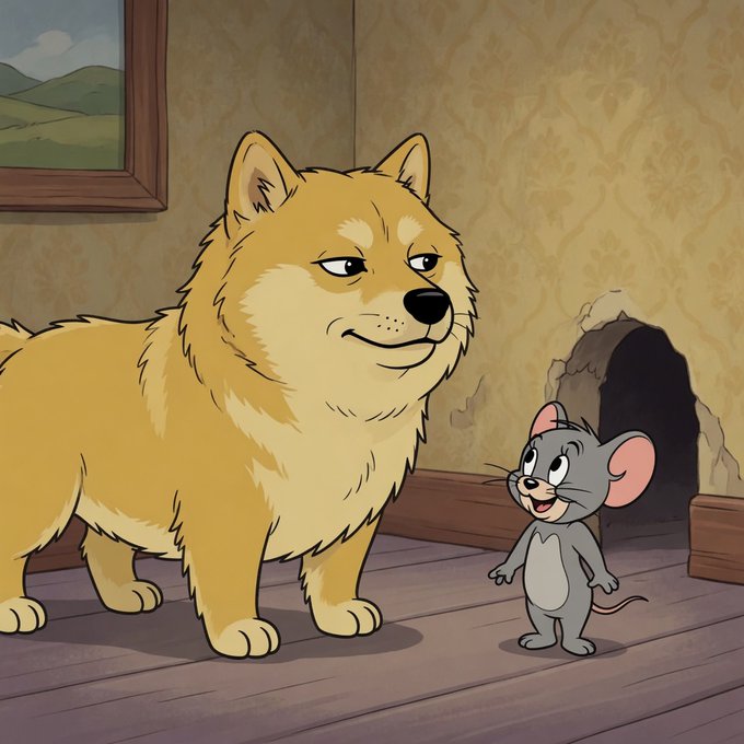 A cartoon dog and mouse stand facing each other inside a room with a mouse hole in the wall, depicting the classic Tom-and-Jerry-style standoff that ties into the playful "team $DOGE vs. cats" debate.