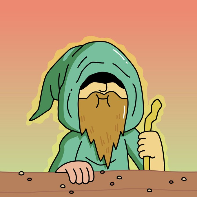 An illustration of a hooded gnome or dwarf character with a long brown beard holding a staff, sitting at a table with scattered pebbles.