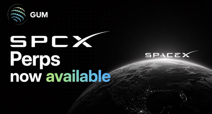 A promotional graphic announces 'GUM SPCX Perps now available' against a dark space background with Earth visible, featuring the SpaceX logo.