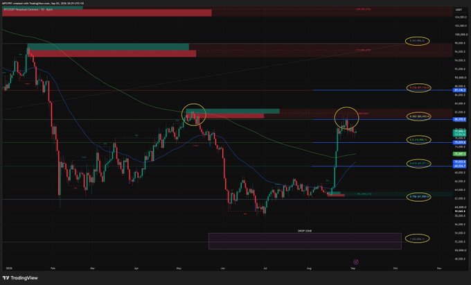 A BTC/USD daily candlestick chart on TradingView displays Bitcoin's price action with highlighted reaction zones near $80k–$82k (failed breakout circled) and $62k–$64k (DRVP Zone), alongside moving averages and key support/resistance levels as price trades around the $78k area.