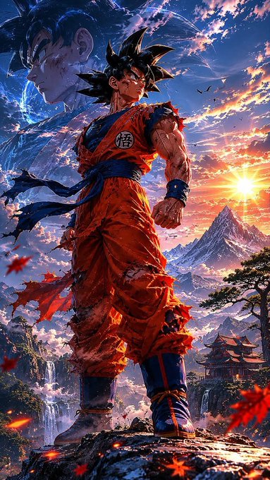A vibrant anime-style illustration of Goku from Dragon Ball standing heroically in his torn orange gi against a sunset sky with mountains.