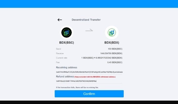 A screenshot of a cryptocurrency 'Decentralized Transfer' interface showing a transaction to send 150 BDX(BSC) and receive 144.334710 BDX(BDX).