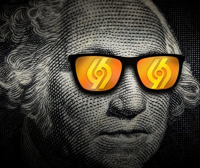 A stylized engraving-style illustration of George Washington wearing sunglasses that reflect a yellow and orange number '9' design on the lenses.