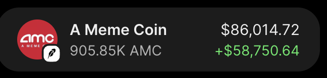 The image shows a portfolio holding of "A Meme Coin" (ticker AMC) with 905.85K AMC valued at $86,014.72, reflecting a gain of +$58,750.64. This serves as visual proof of significant profits, likely shared to promote the upcoming 15 SOL giveaway that requires users to like, retweet, and share their wallet addresses to enter.