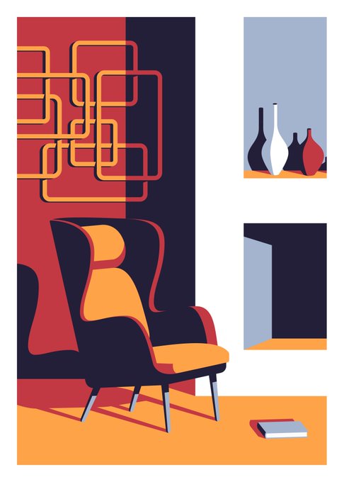 A stylized digital illustration of a living room featuring a wingback chair in dark blue and orange, an abstract geometric wall art piece in red, and decorative vases on a shelf.