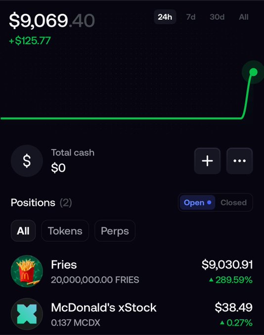 A Robinhood-style portfolio screenshot showing a balance of $9,069.40 (+$125.77) with a green line graph, featuring positions in 'Fries' (up 289.59%) and 'McDonald's xStock' (up 0.27%).