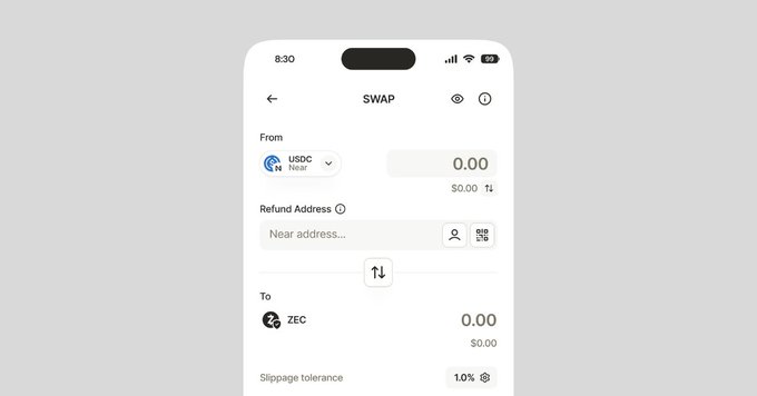 The image shows a white smartphone screen displaying a text message from @near_intents, which reads "Zodl swaps are back up. Thanks to the @near_intents team for their work restoring service following the network upgrade." The phone is turned on and positioned in front of a gray background.