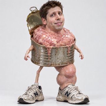 A surreal illustration shows a man's head and limbs emerging from a tin can filled with raw ground meat, wearing sneakers, visually representing the rough, "canned" and gritty conditions implied by the caption "State of the trenches."