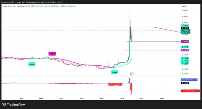A TradingView candlestick chart for the "Phemex1000 / TetherUS" cryptocurrency pair on Binance, showing a sharp price spike in September with annotations like "Long," "Slope," and "Zong."