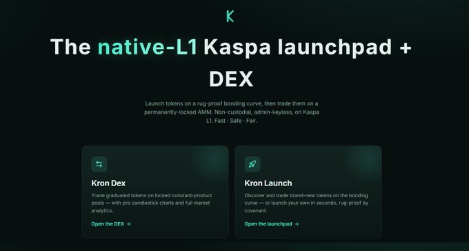 The image showcases the Kron (K) platform homepage, branding it as "The native-L1 Kaspa launchpad + DEX" with two main features highlighted: "Kron Dex" for trading graduated tokens on locked constant-product pools, and "Kron Launch" for discovering and trading brand-new tokens via bonding curve. This visual directly supports the post's announcement of KRON entering testnet beta as a native Kaspa-based launchpad and DEX where tokens are launched on a rug-proof bonding curve and traded on permanently-locked AMMs.