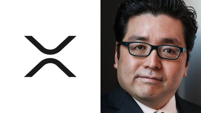 A split image showing the XRP cryptocurrency logo on the left and a portrait of a man with glasses in a suit on the right.