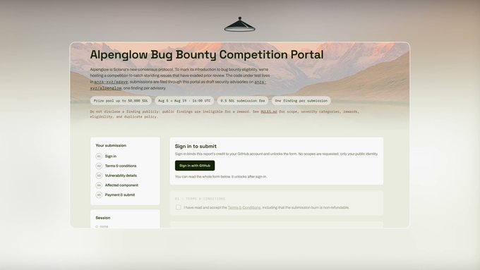 The image shows the "Alpenglow Bug Bounty Competition Portal" with an August 5 – August 19 submission window and a prize pool of 50,000 SOL (~$3.8M), directly matching the post's announcement of the Alpenglow bug bounty campaign. The portal displays submission guidelines, vulnerability categories, and a GitHub sign-in option for bounty hunters to report critical consensus bugs in Solana's most significant upgrade.