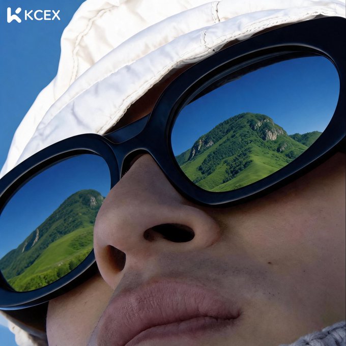 A close-up image of a person wearing a white sun hat and large black sunglasses, with a mountain landscape reflected in the lenses, featuring a 'KCEX' watermark logo in the top-left corner.