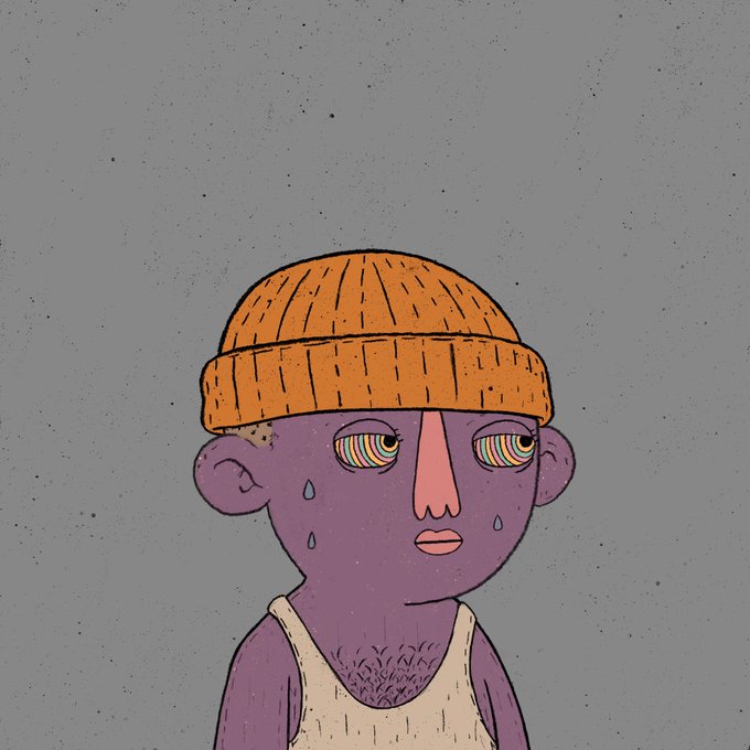 A digital illustration of a melancholy-looking purple-skinned character wearing an orange beanie and a white tank top, featuring striking, multi-colored striped eyes and visible sweat drops on their face against a gray background.