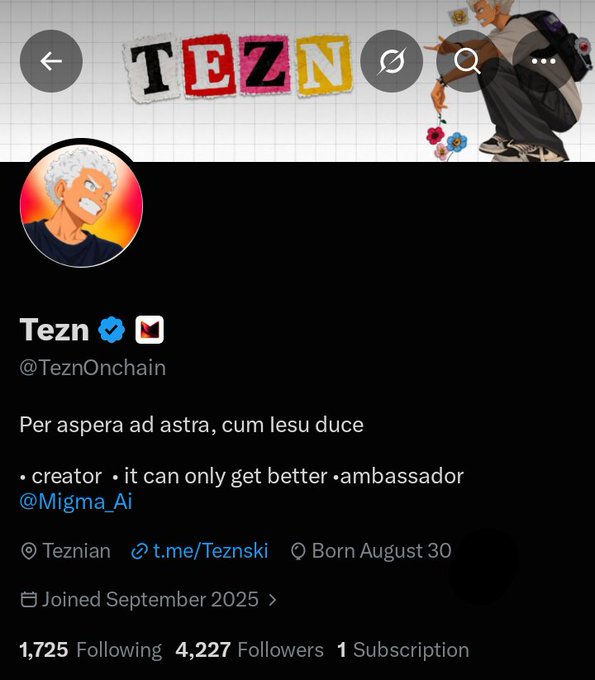 A social media profile page displays the account "Tezn" (@TeznOnchain) with a blue verification checkmark, featuring the bio "Per aspera ad astra, cum Iesu duce • creator • it can only get better • ambassador @Migma_Ai" and stats showing 1,725 Following, 4,227 Followers, and 1 Subscription.