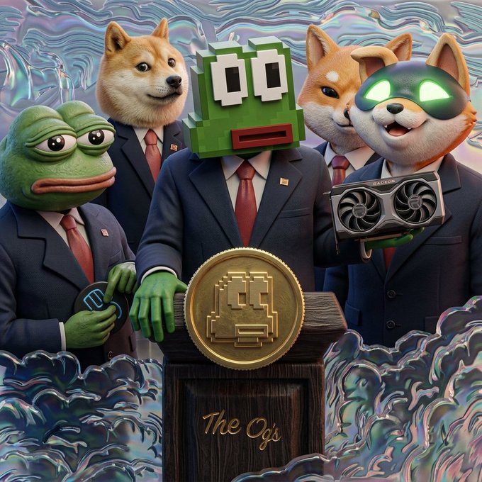 A stylized 3D illustration of a crypto-themed group featuring characters like Pepe the Frog, Doge, Shiba Inus, and a green block-headed figure, standing behind a gold coin engraved with 'The OGs' on a pedestal.