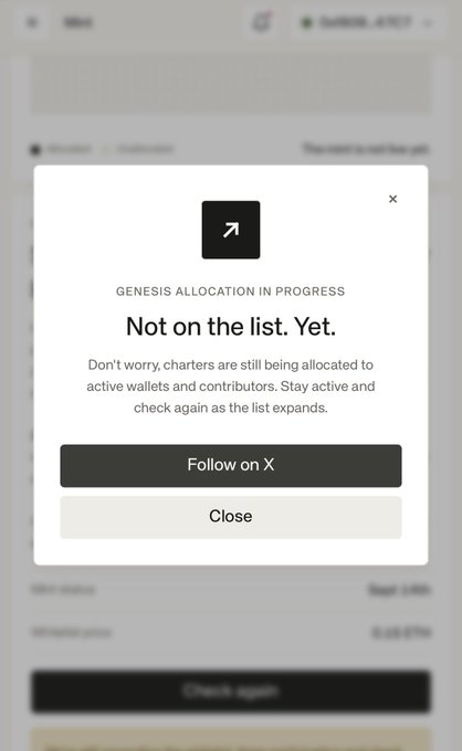 A pop-up on a crypto wallet interface reads "GENESIS ALLOCATION IN PROGRESS" with the message "Not on the list. Yet," directing users to stay active as charters are still being allocated. The tweet references @0xbeans, suggesting disappointment about not yet receiving a genesis allocation from this crypto project.