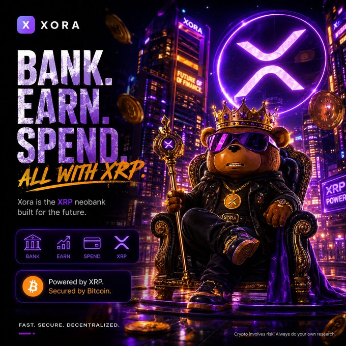 A promotional ad for Xora, labeled "The XRP neobank," features a crowned, sunglasses-wearing bear holding an XRP-staffed scepter while seated on a throne, and highlights services like "BANK. EARN. SPEND. ALL WITH XRP" alongside the tagline "Powered by XRP. Secured by Bitcoin." This visual reinforces the post's message about leveraging BTC and XRP holdings through Xora's integrated financial services.