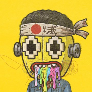 An illustrated character with pixelated D-pad eyes, a Japanese hachimaki headband featuring a rising sun and the characters 日本一 (Nihon-ichi), and colorful slime dripping from an open mouth against a yellow background.