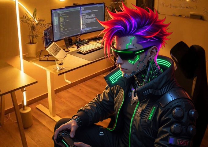 A cyberpunk-styled figure with vibrant pink and green neon accents sits at a sleek workstation equipped with dual monitors displaying code, visually echoing the post's theme of decentralized finance and self-custodial control. The futuristic aesthetic reinforces the tweet's message about @useTria offering a frictionless, user-friendly DeFi experience with full asset ownership.