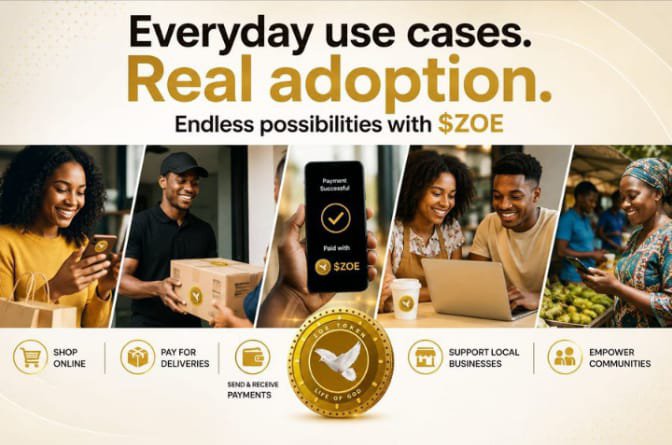 A promotional graphic titled 'Everyday use cases. Real adoption.' for $ZOE cryptocurrency, showing diverse people using phones and laptops with icons for shopping, deliveries, payments, local businesses, and communities.