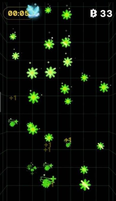 A retro-style video game screenshot with a timer "00:05", a score of "33", and green alien-like sprites flying through a dark grid.