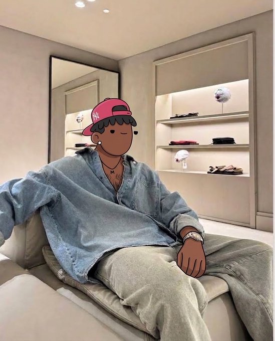 An illustrated character with a pink 'NY' baseball cap and blue denim shirt relaxing on a beige couch in a modern room with shelves displaying accessories.