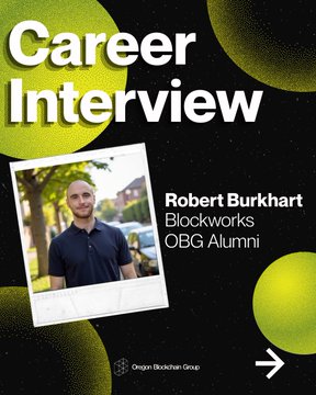 A promotional graphic titled 'Career Interview' featuring a Polaroid-style photo of a man, with text identifying him as Robert Burkhart from Blockworks and an OBG Alumni, with the Origin Blockchain Group logo at the bottom.