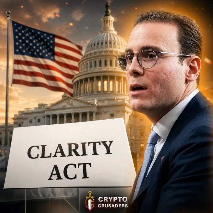 A political/crypto graphic titled 'CLARITY ACT' featuring a man in a suit and glasses with the US Capitol and American flag in the background, branded with 'CRYPTO CRUSADERS' logo.