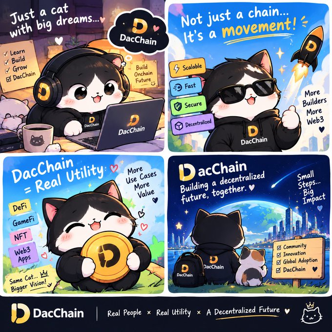 A four-panel promotional graphic for "DacChain" featuring a cartoon cat mascot in various scenarios, with captions like "Just a cat with big dreams...", "Not just a chain... It's a movement!", "DacChain = Real Utility", and "Building a decentralized future, together."