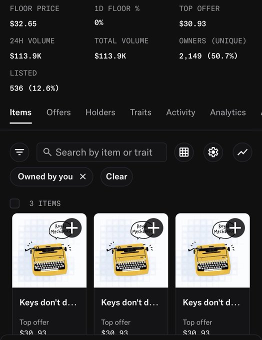An OpenSea listing showing three identical NFT items titled 'Keys don't d...' from a collection with a $32.65 floor price and 2,149 unique owners.