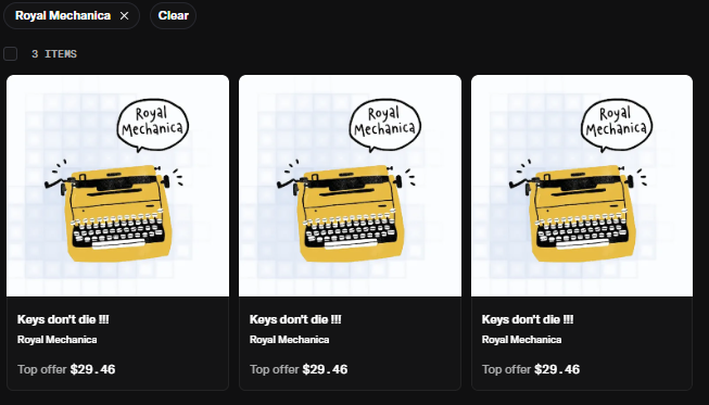 The image displays a marketplace search result for "Royal Mechanica" showing 3 NFT items titled "Keys don't die !!!" by Royal Mechanica, each listed with a top offer of $29.46. The listings visually support the accompanying post's claim of strong early trading volume, as it shows multiple active offers on the "Keys don't die !!!" collection at consistent pricing well above the initial mint price.