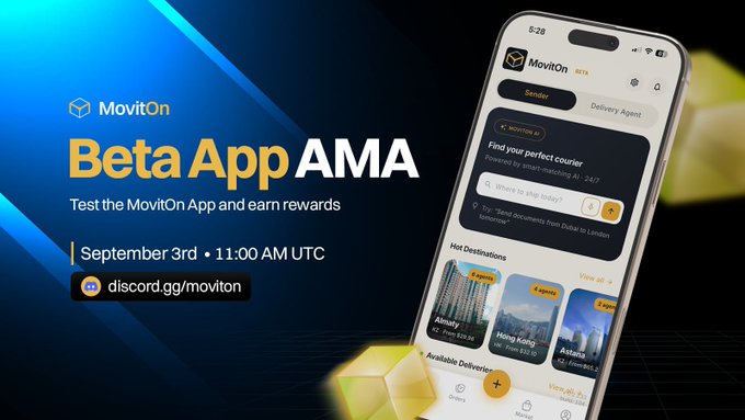 A promotional graphic for a 'MovitOn Beta App AMA' event on September 3rd at 11:00 AM UTC, directing to discord.gg/moviton, showing a smartphone interface with a courier app.