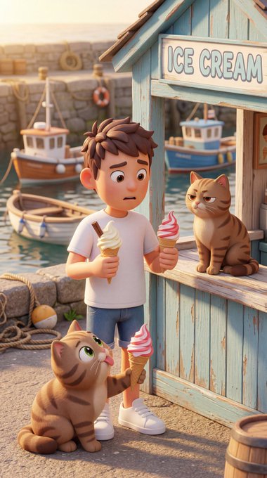 A 3D animated cartoon-style illustration shows a young boy at a seaside ice cream stand holding two ice cream cones, with a striped tabby cat sitting on the counter and another tabby cat reaching for an ice cream cone with its paw.