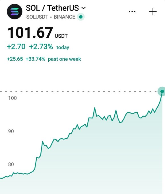 Mobile trading app screenshot for SOL/TetherUS (SOLUSDT) on Binance, showing a price of 101.67 USDT, up 2.73% today and 33.74% over the past week, with a line chart trending upward.