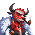 A digital illustration of a red-skinned, demonic character with white fur, horns, and a stern expression, smoking a pipe.