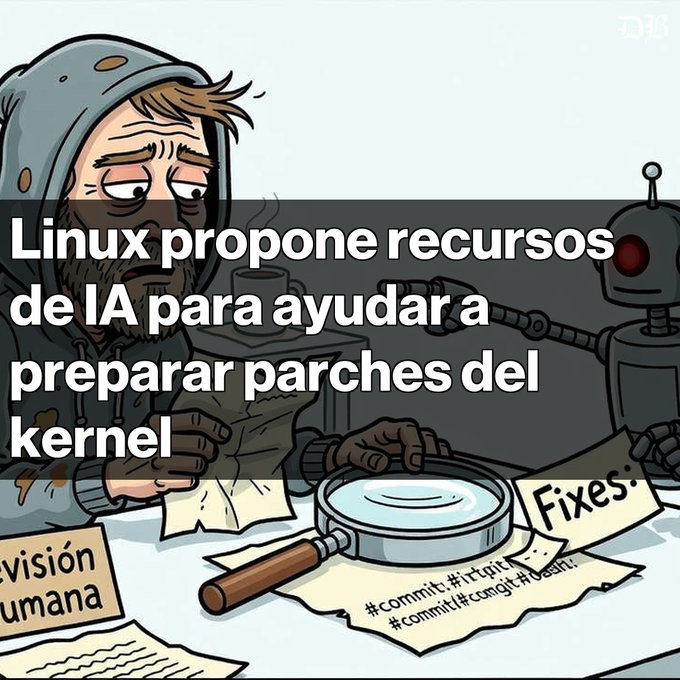 A cartoon image showing a bearded man and a robot examining code with a magnifying glass, with Spanish text about Linux proposing AI resources to help prepare kernel patches.