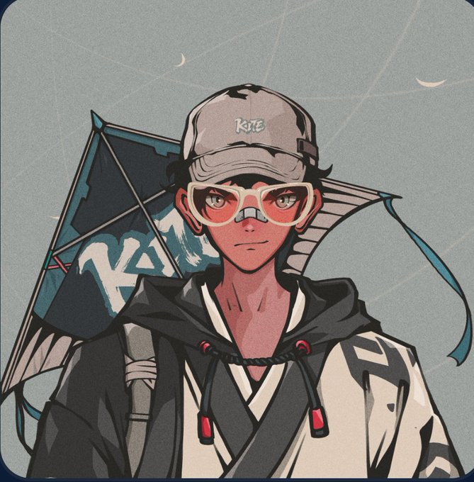 Anime-style illustration of a character wearing a 'KITE' cap and red sunglasses, holding a kite with mountain graphics.