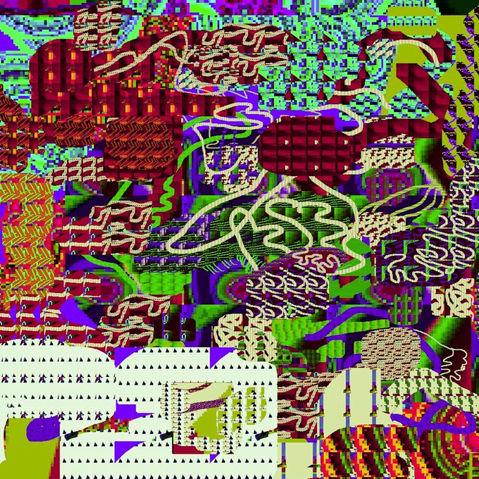 A busy, abstract digital composition filled with overlapping squiggly lines, distorted text, and geometric patterns in deep reds, greens, and purples.